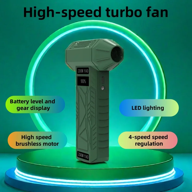 

High-speed turbo fan portable brushless motor with 4-speed adjustment, LED light illumination, battery level and speed display,