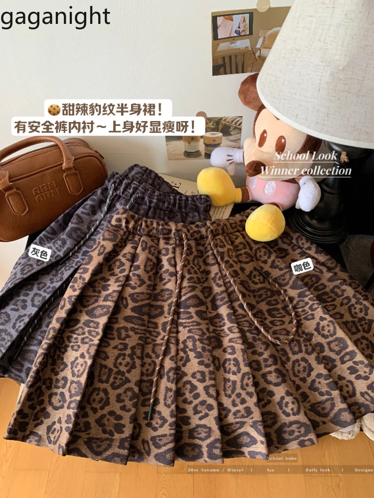 Gaganight Women Sweet Spicy Girl Leopard Pattern Half Length Skirt 2024 Autumn New Chic High Waist Drawstring Puffy Short Skirt