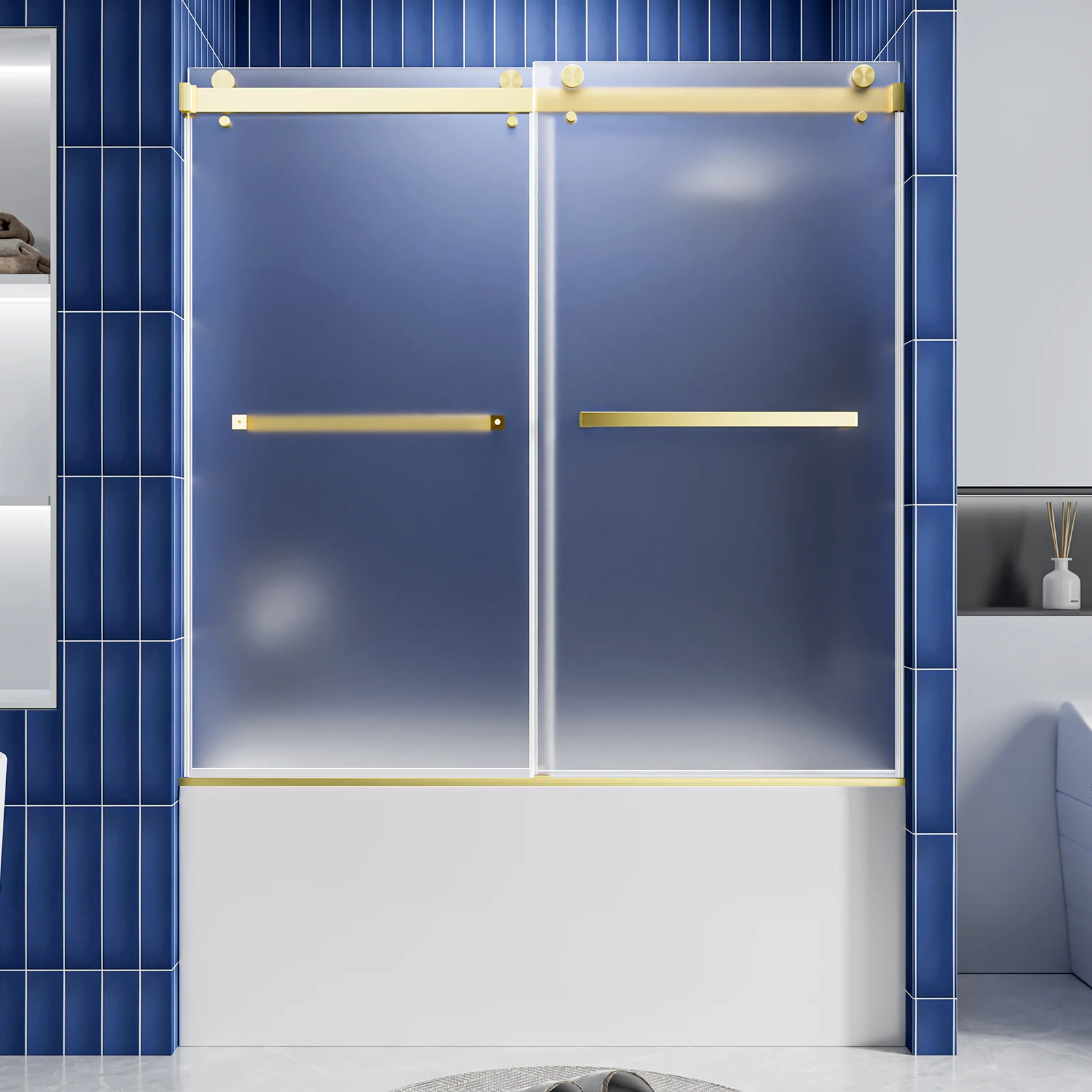 56-60 Inch Adjustable Frameless Frosted Double Sliding Bathtub Shower Door, 8mm ANSI Tempered Glass, Brushed Gold Towel Bar Handle