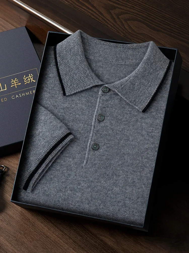 Tcyeek Men's Cashmere Summer Polo T-shirt Smart Casual Short Sleeve Pullover Sweater 100% Cashmere Knitwear Korean Fashion Tops