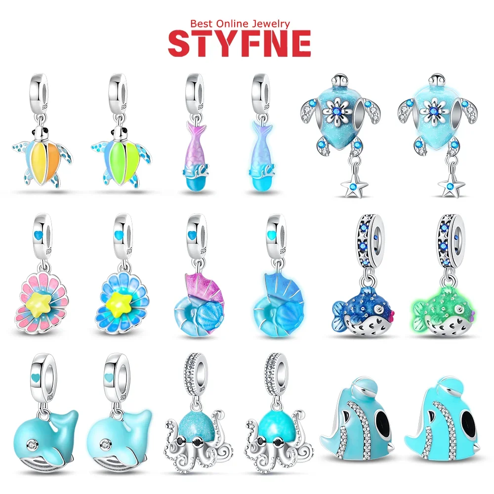 

925 Sterling Silver Ocean Luminous Series Shell Dolphin Octopus Turtle Charms Pendant Fit Original Bracelet DIY Jewelry Gift