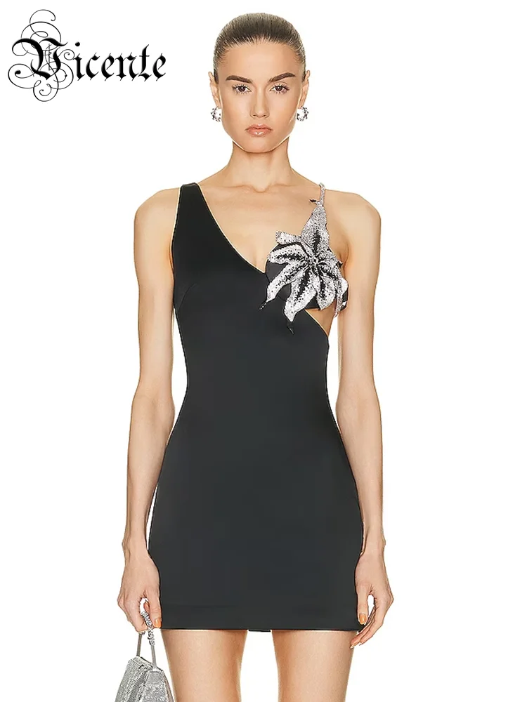 

VC Evening Black Mini Dress Women Luxury Diamonds Spaghetti Strap Gown Bandage Bodycon Female Clothing Vestidos