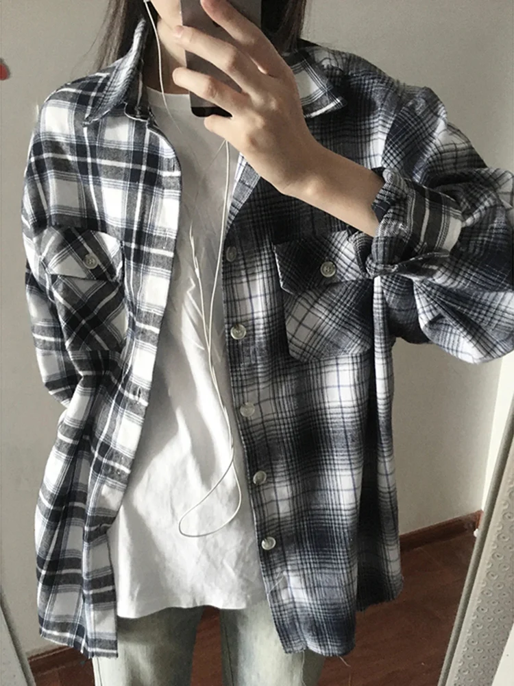 

Plaid Long Sve Men's Summer Sun Protection irt American Retro High Sensation Couple Outfit Jaet Splicing Design Faion