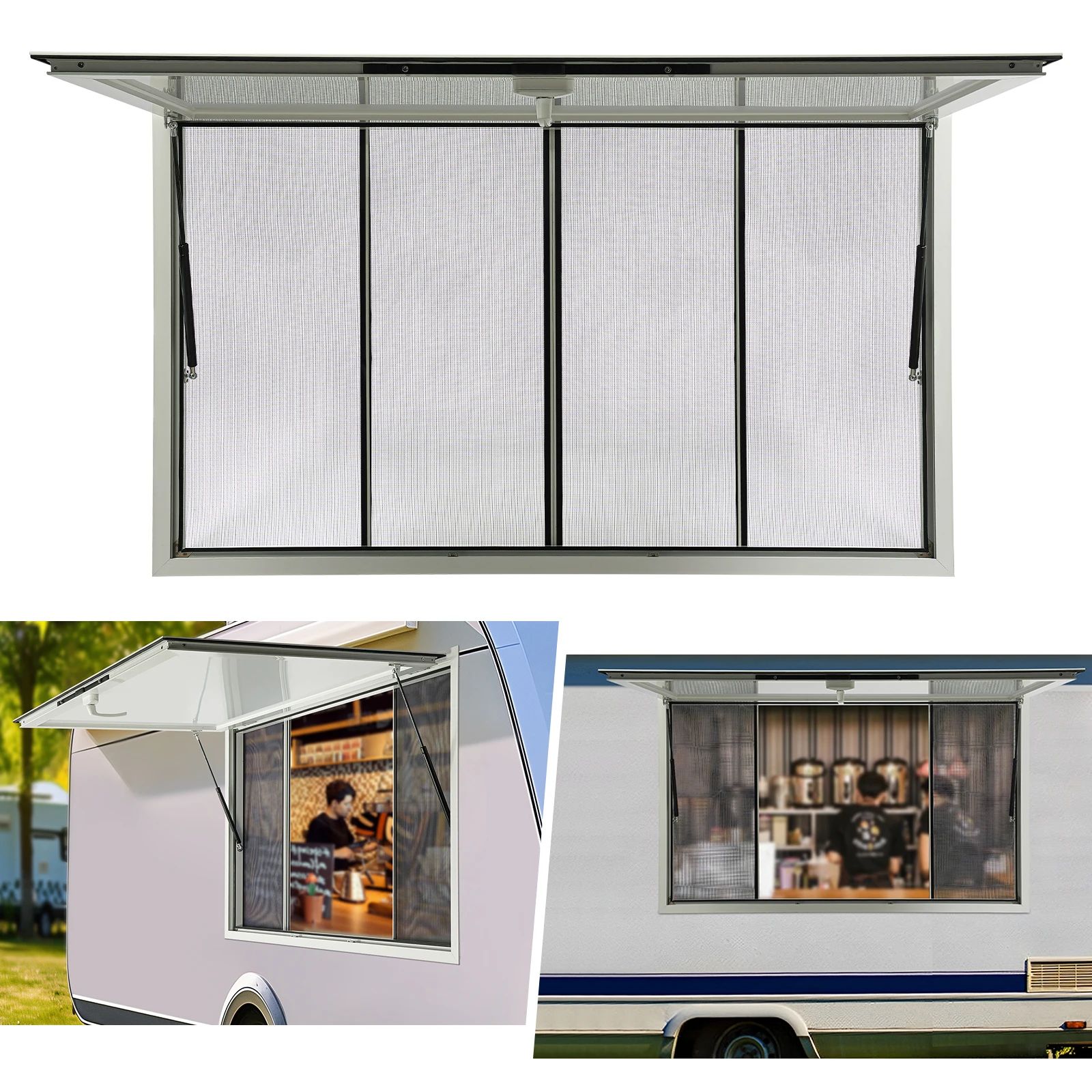 

60x36/35x23 Inch Concession Food Truck Service Window Aluminum Alloy Frame Horizontal Sliding Window with 4 Sliding Screens, 85° Opening, Sunshade & Waterproof Seal for Mobile Catering Trailer Coffee Cart