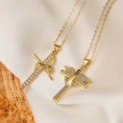 Unique Cross Design Pendant Necklaces For Women Girls,Cubic Zirconia Accessories Stainless Steel Chain Party Daily Jewelry
