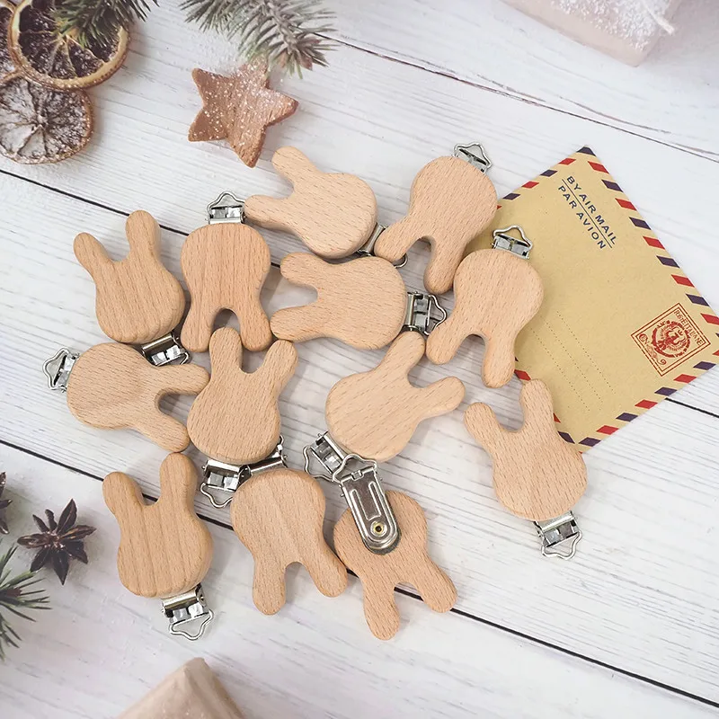 Chenkai 50PCS Rabbit Wooden Clip Food Grade Beech Bunny Dummy Clip for Baby Teething Pacifier Chain Holder DIY Gift Accesories