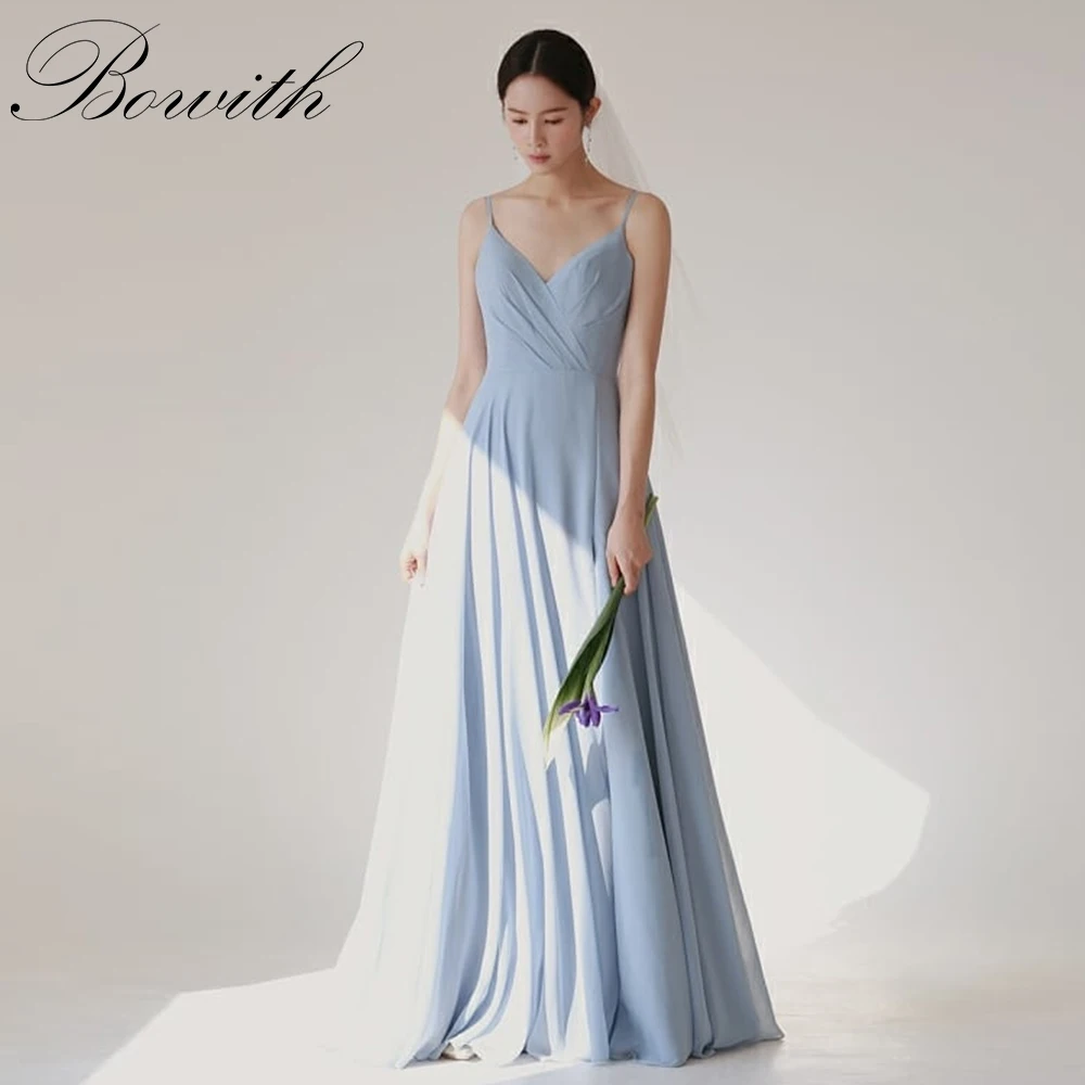 Bowith Sky Blue Korean Evening Dresses for Photo Shoot Customized V-Neck Spaghetti Straps イブニングドレス Korean Wedding Dresses