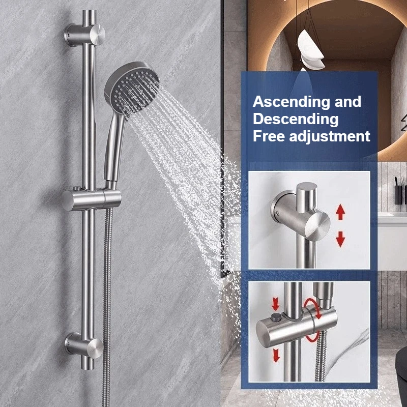 Stainless Steel Shower Head Bracket Household Bathroom Non-drilled Shower Head Base Adjustable Fixed Rod Shower Lifting Rod