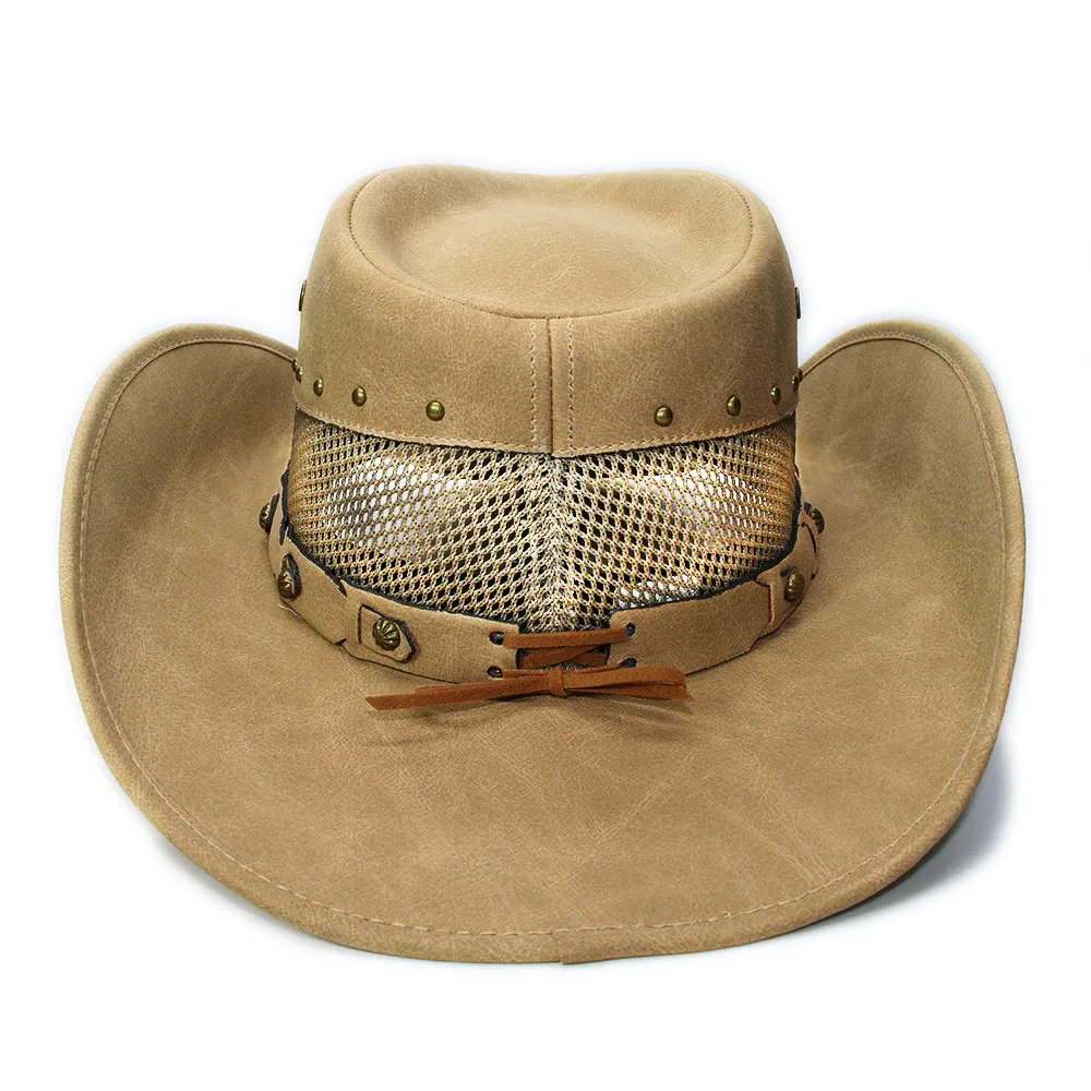 Unisex Women Men Retro Breathable Net Leather Roll Up Wide Brim Sun Sunscreen Cap Beach Cowboy Cowgirl Western Warm Hat 58-60cm