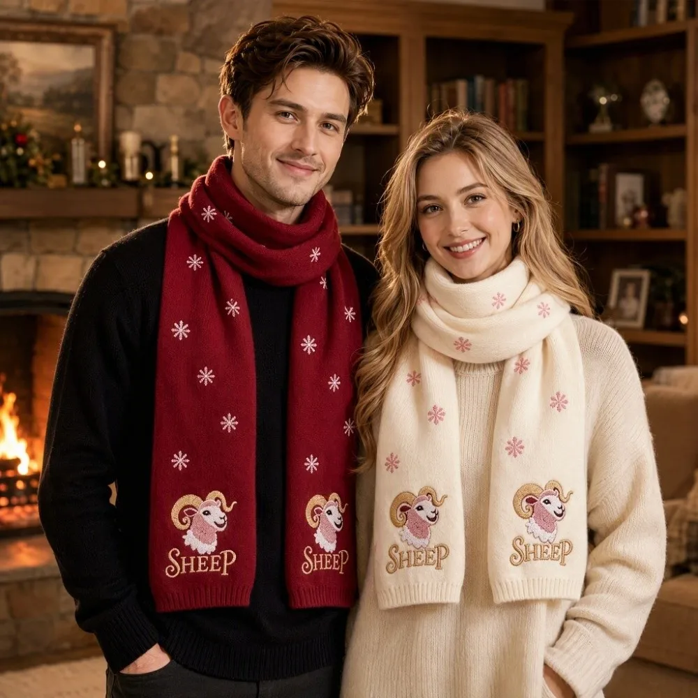 Retro Chinese New Year Sheep Long Wool Scarf Knitted Windproof Cashmere Shawl Outdoor Soft Warm Winter Cashmere Scarves Couple