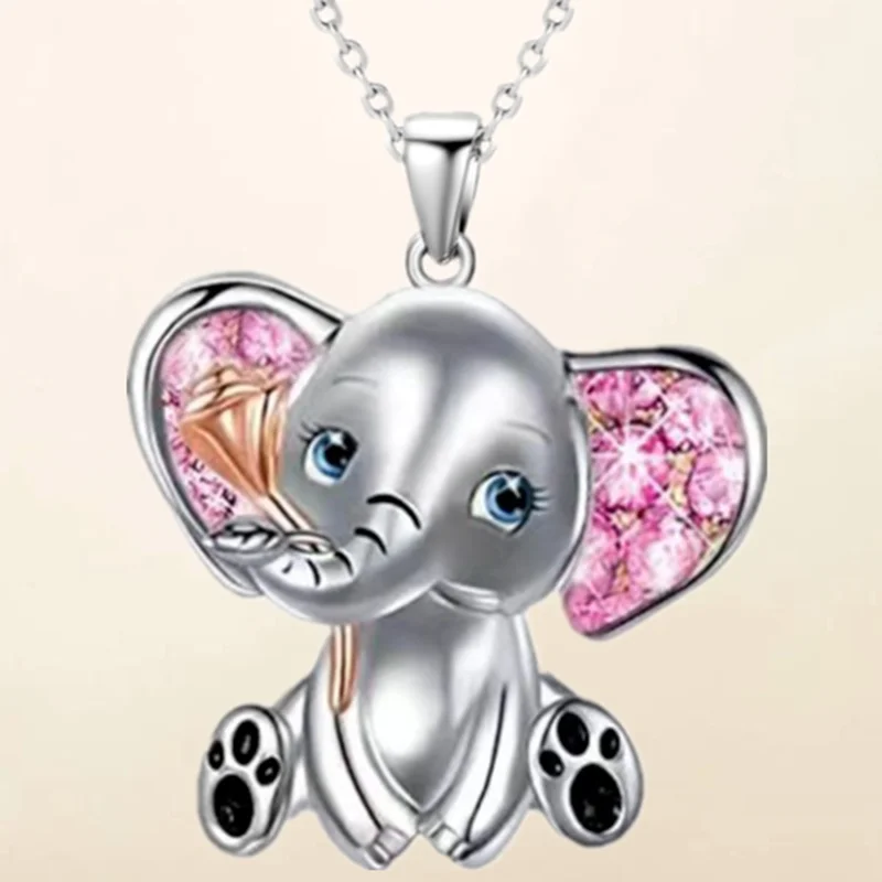 Fashion Lovely Elephant Necklaces Zircon Animal Pendant Necklaces for Women Wedding Banquet Jewelry Birthday Anniversary Gift