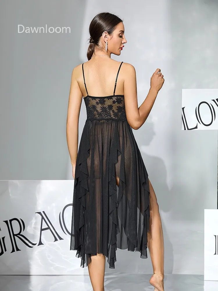 Women's White Lace Sheer Tulle Nightgown with Ruffle Irregular Slit And Thin Straps Luxury Sexy Romantic Sheer Home Loungewear