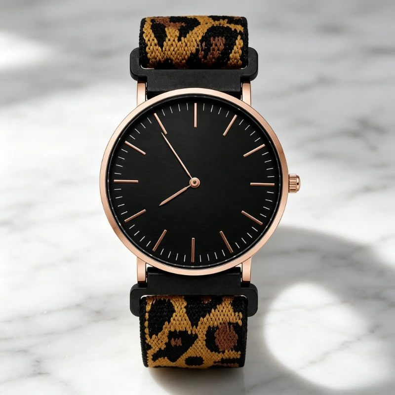 Simple Elegant Women Wristwatch Rose Gold Ultra Thin Case Leopard Print Nylon Strap Ladies Quartz Clock Fashion Female Watch