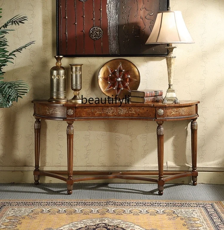 XX45 European-Style Solid Wood Hallway Sofa Back Beautiful Assembly Retro Distressed Painted Wall Table Console