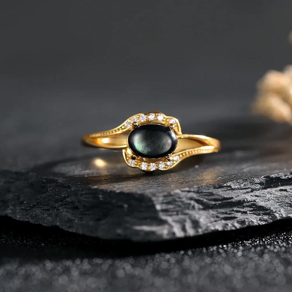 Women's 925 Silver Ring Natural Black Abalone Shell Adjustable Bands K Gold Plated Evil Eye Design Gemstone Jewelry Gifts
