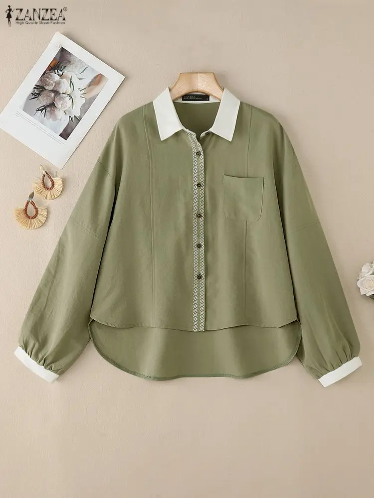 2023 ZANZEA Büro Shirts Frauen Herbst Patchwork Bluse Mode Revers Hals Langarm Tops Casual Tasten Blusas Tunika Oversize