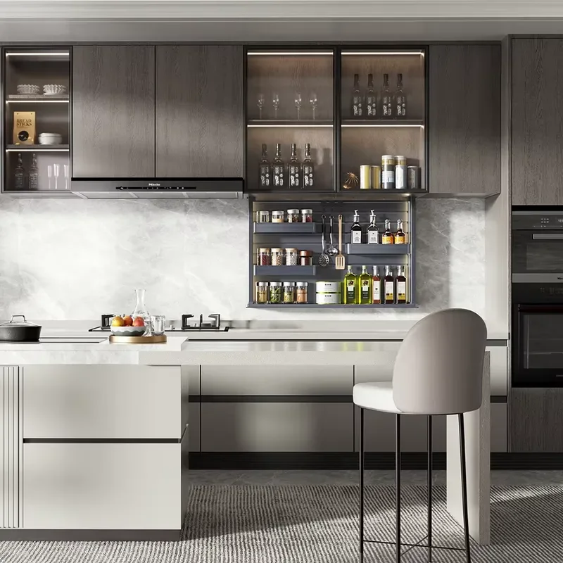 Modern Sky Gray Smart Electric Lifting Basket Adjustable Motorized Pull-Down Storage Elevator for Kitchen Upper Cabinets