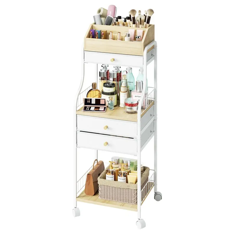 

Rolling Makeup Organizer Cart Floor Skincare Storage with Nonwoven Drawers, Vanity Organizer Cosmetic Display Cases with Wheels,