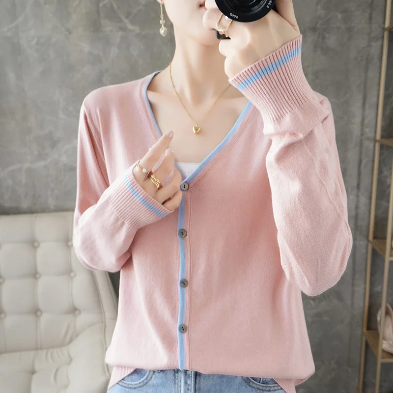 Women's Cardigan Spring Worsted Wool Knitted Sweater Casual Blouse Loose Ladies Tops V-Neck Single-breasted Splicing Jacket
