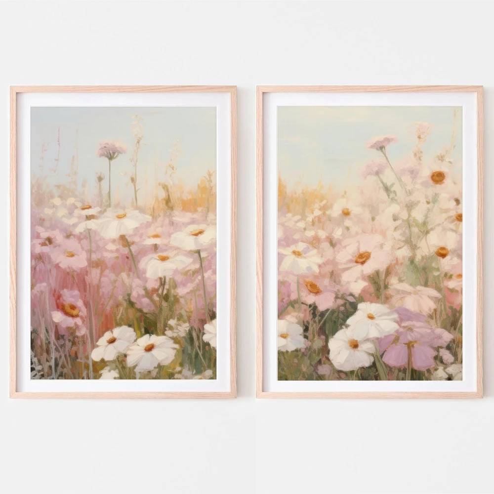 2pcs frameles,Pastel Wildflowers Painting Prints Set of 2 Neutral Vintage Flowers Artwork Posters Printable Floral Daisy 2 Piece