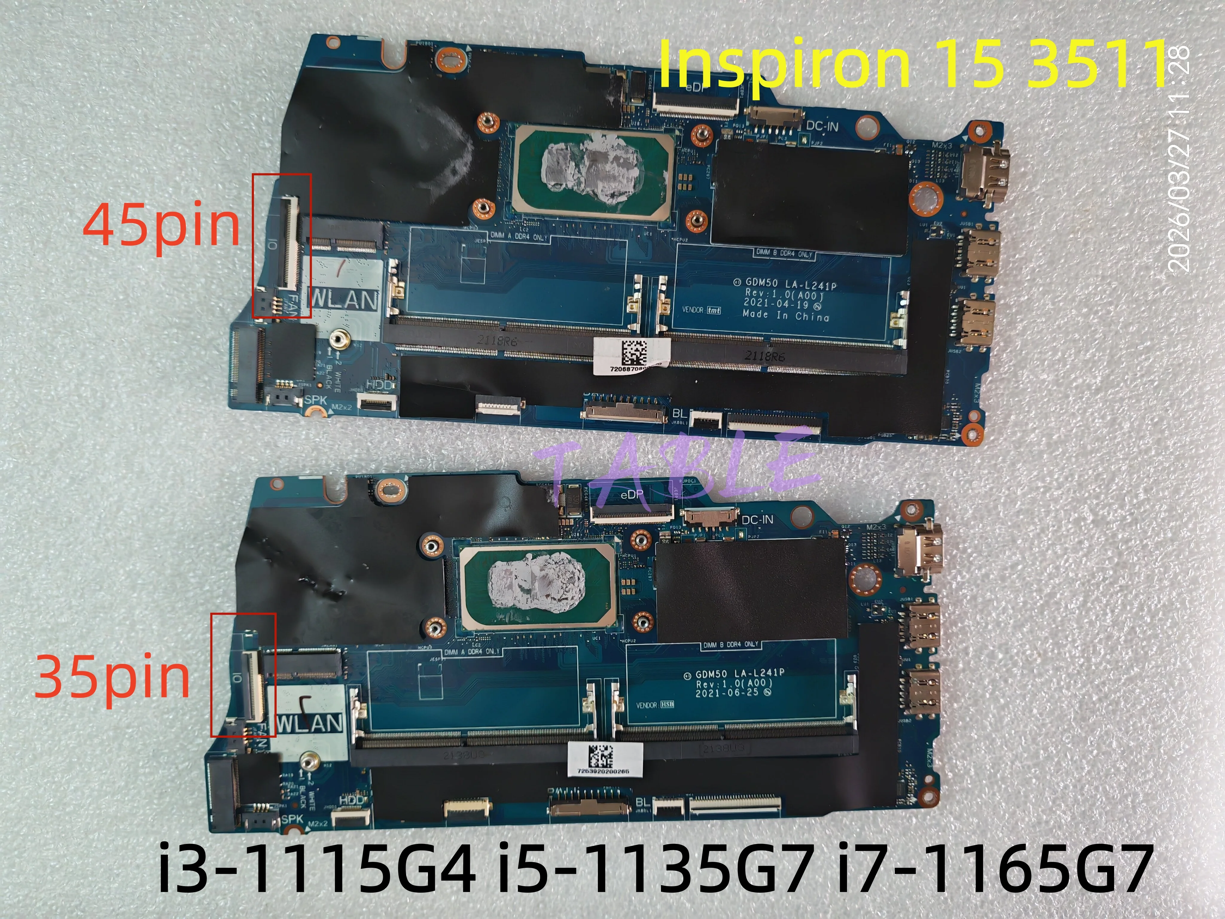 GDM50 LA-L241P Laptop Logic board For Dell Inspiron 15 3511 Vostro 15 3510 Motherboard DDR4 CPU i3 i5 i7 11th Works Perfectly
