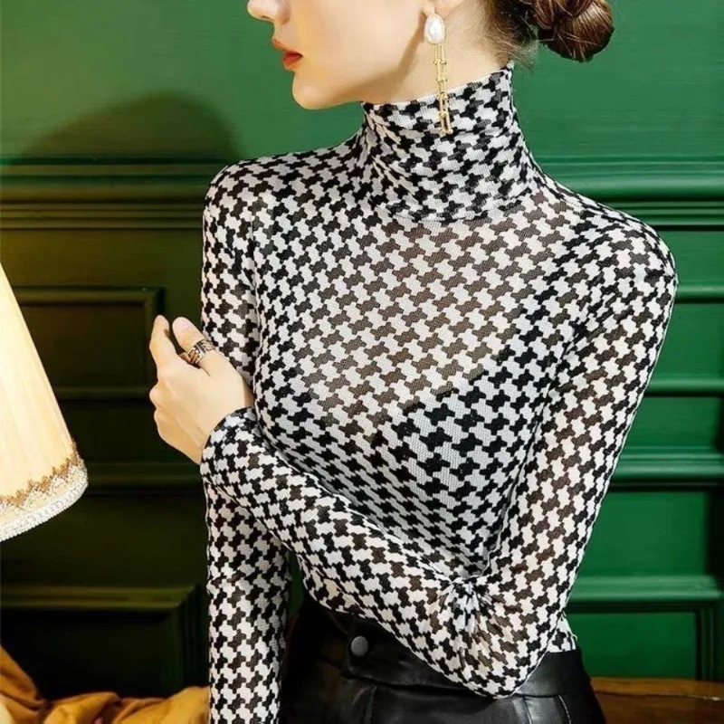 

2024 Spring and Autumn New Korean Commute Women's Turtleneck Bright Silk Gauze Thin Slim Plaid Pullover Long Sleeve T-shirt Tops