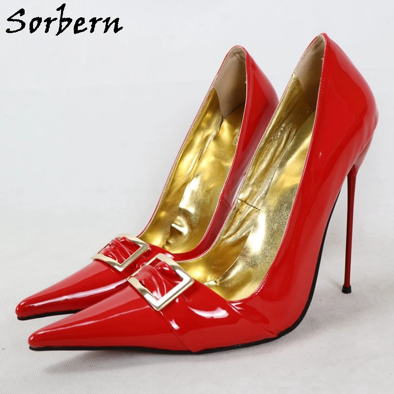 

Sorbern Red Shiny Buckle Shoe Pump Women Cigarette Heel Pointed Toe Stilettos Slip On Female Shoes Pointed Toe Custom Colors