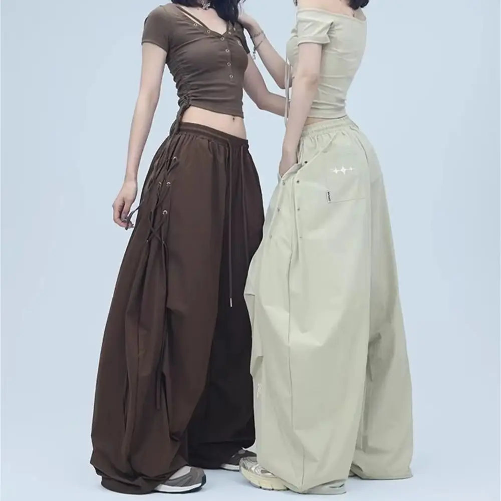 Y2K Red Wide Leg Pants Women Sparkle Star Print Elastic Waist Loose Baggy Cargo Pants Casual Vintage Trousers Harajuku Fashion