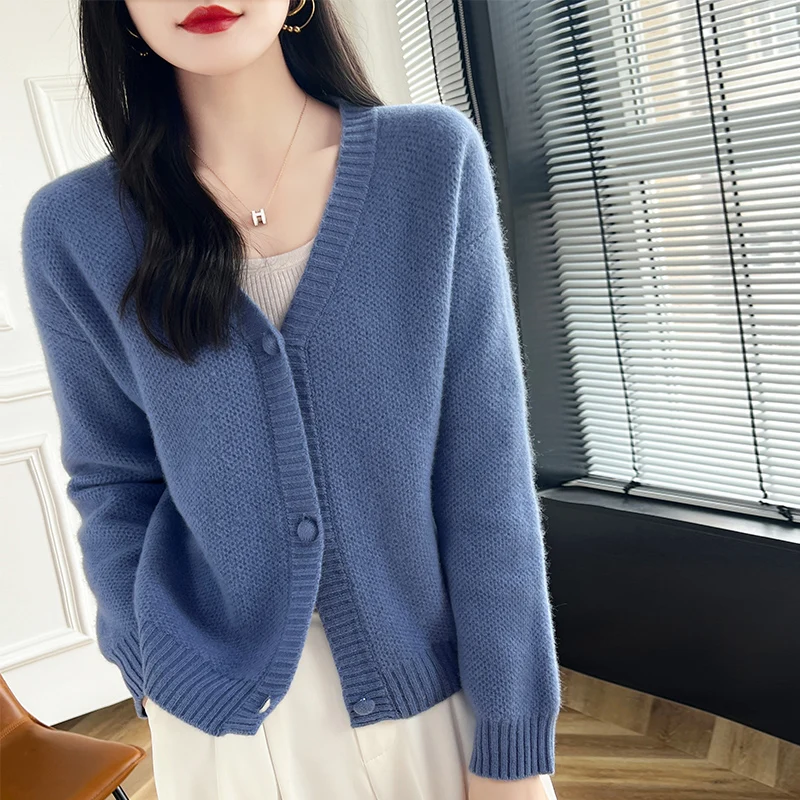 

Women V-Neck Cashmere Sweater Button Cardigan Autumn Winter 100% Merino Wool Knitwear Female Grace Soft Clothes Knitting Top