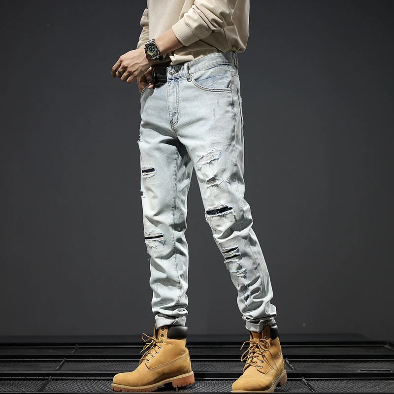 

JXNS1019 New high-end broken holes patch jeans vintage washed ins high street light-coloured men's trousers retro long trousers