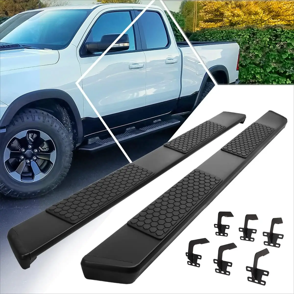 

[Pair] 5.5 Inch Full Black Aluminum Running Boards/Side Steps/Nerf Bars Compatible with 19-24 Dodge Ram 1500 Crew Cab