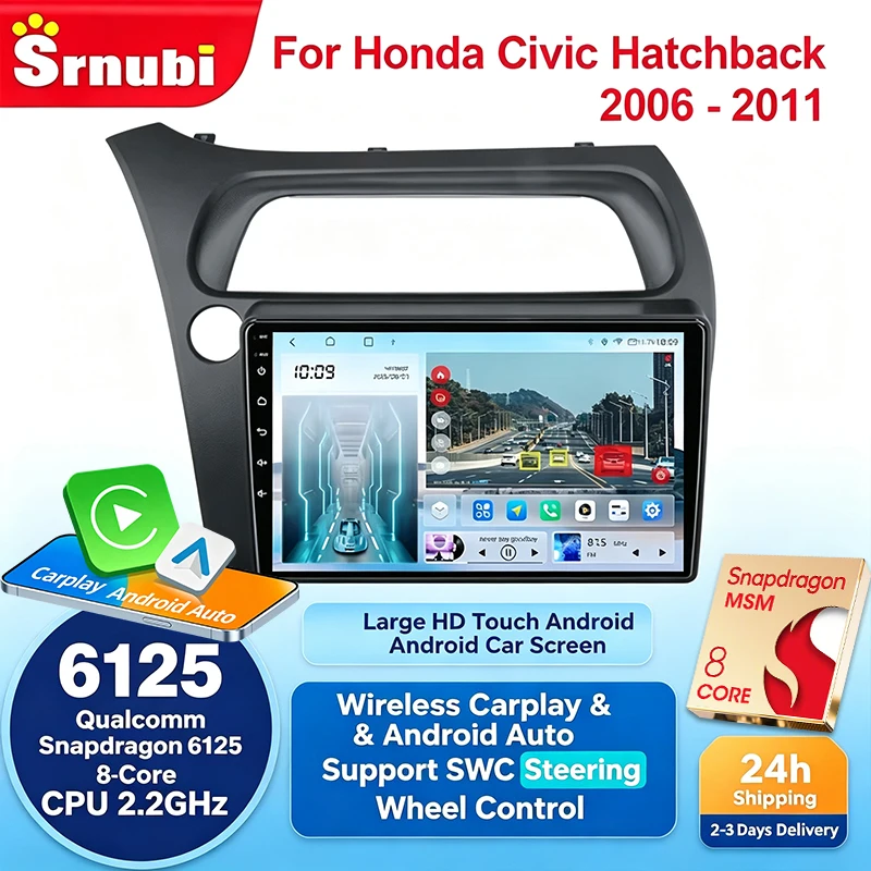 Für Honda Civic Hatchback 2006-2011 9 Zoll Android Autoradio GPS-Navigation Multimedia-Stereoanlage, 5G WiFi FM Kabelloses Carplay Android Auto Bluetooth DSP 4G LTE Touchscreen HD-Haupteinheit