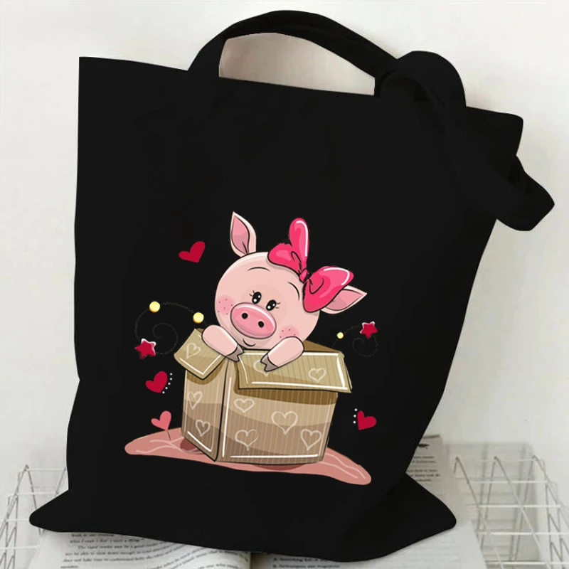 Bolso de mano con estampado de cerdo rosa para mujer, bolso de mano de lona con dibujos animados de animales divertidos, bolso de hombro de moda, bolsos de compras Kawaii