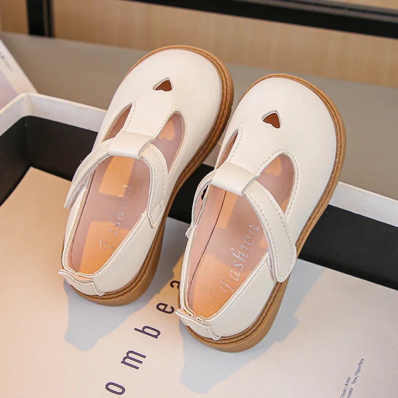 Girls Princess Leather Shoes Toddlers Baby Kids Flats T-strap Cut-outs with Heart Hollow Cute Sweet Soft 2024 Spring Autumn New