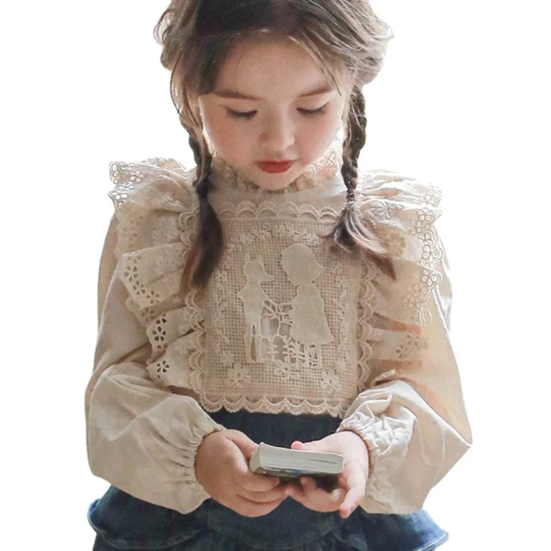 Embroidery Long Sleeve Children Shirts Cotton Girls Blouse for Kids Spring Cute Toddler Lace Tops Girls Clothing for 1-11Y CC008