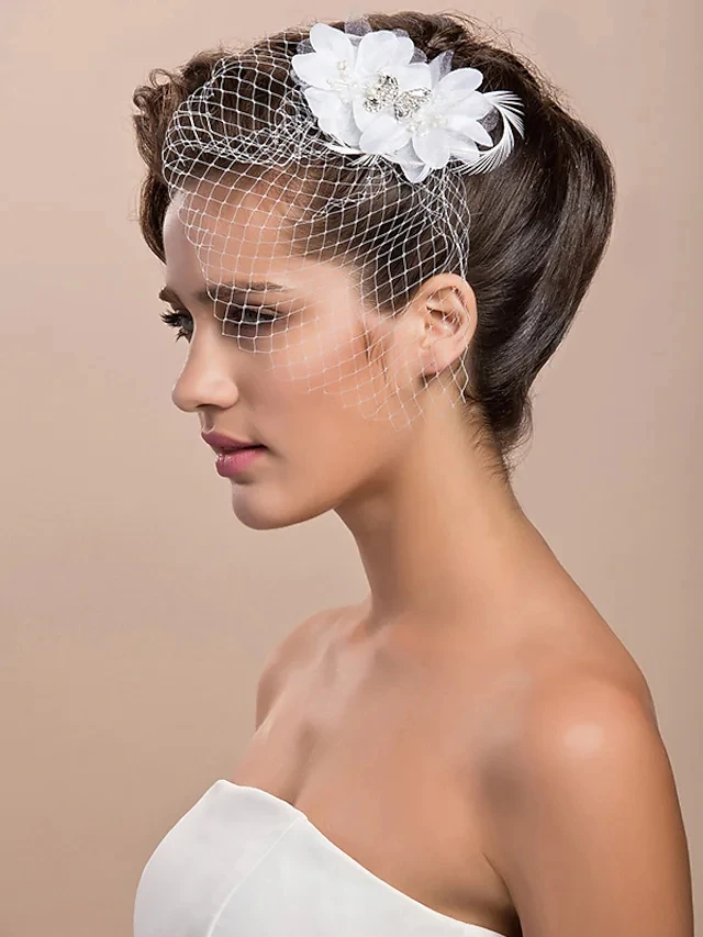 Véu preto birdcage véu branco pena apliques strass brilhantes bandana véu para acessórios de cabelo casamento nupcial fascinators