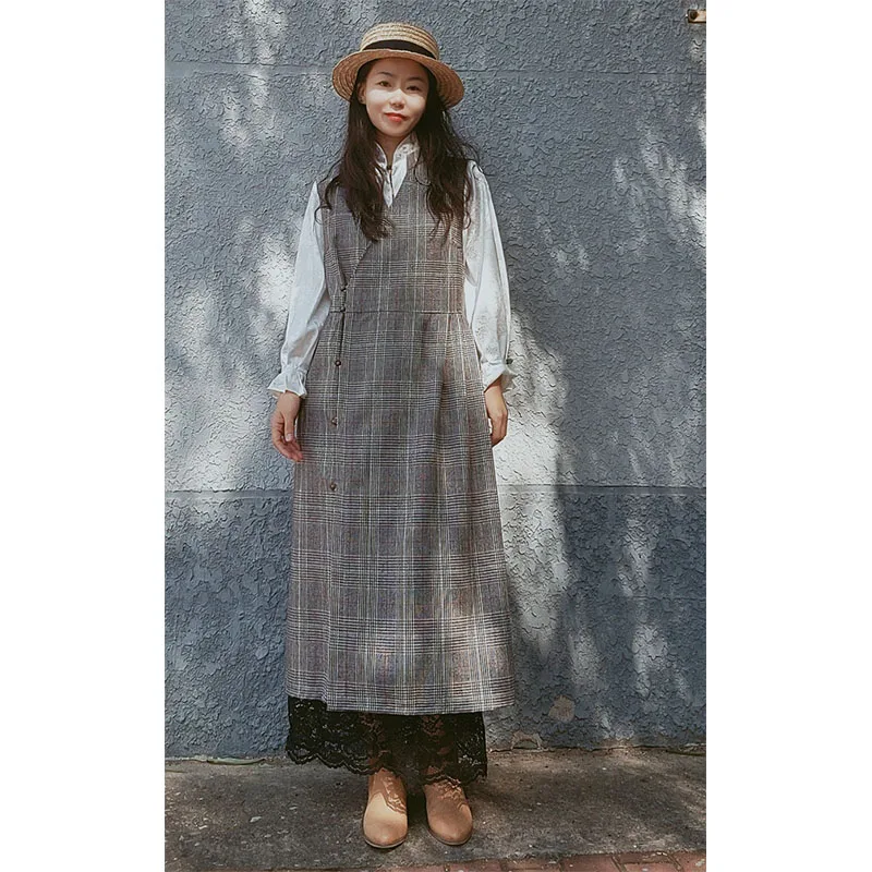 

New Autumn Winter Spring Plaid Woolen V-ne Mid-length Women's Vest Dr Single-piece Outerwear Stand Collar Faionable Co...