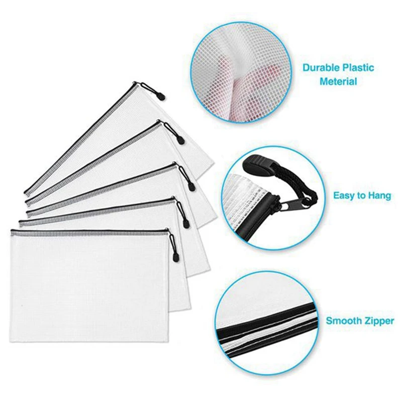 12 Pcs Zipper File Bag A4 Zipper Mesh Bag Board Game Storage Bag PVC File Bag Office Supplies Storage Bag (34Cmx24cm)