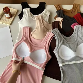 Frauen Solide Grund T-shirts Sommer Weste Bh Tops Mit Pad Streetwear Y2K Elastische Rippen Stricken Ärmellose Casual Tank Tops weibliche