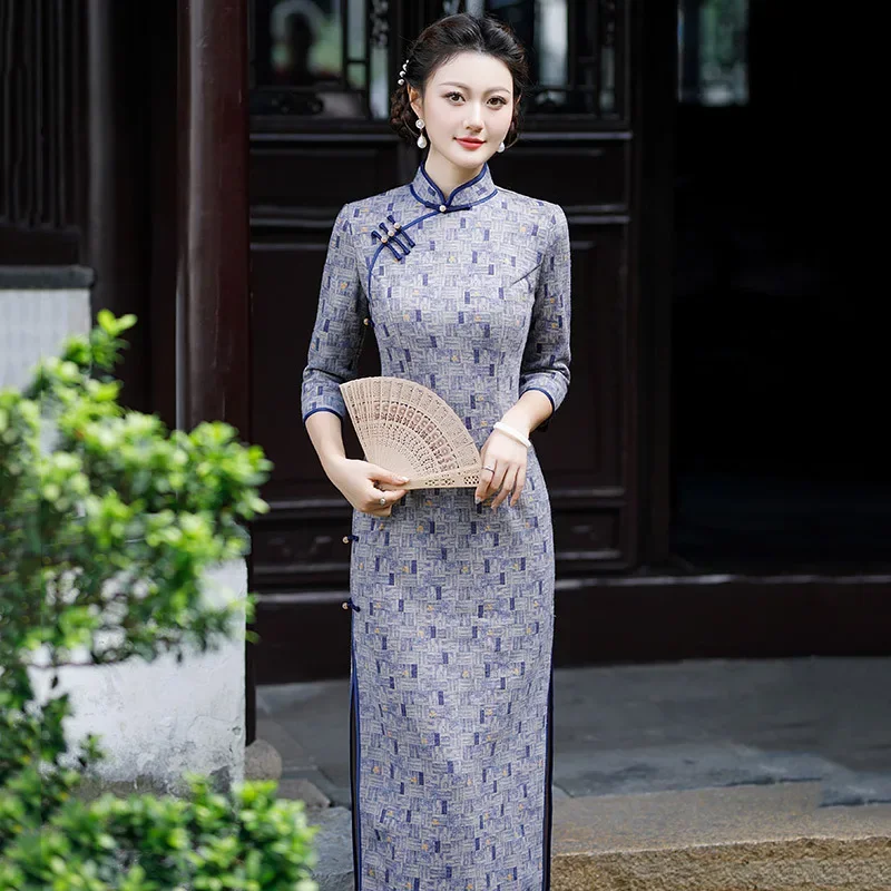 

Spring Autumn Chinese Style New Elegant Long Mandarin Collar Cheongsam 2025 New Long Sleeve Print Qipao Dress