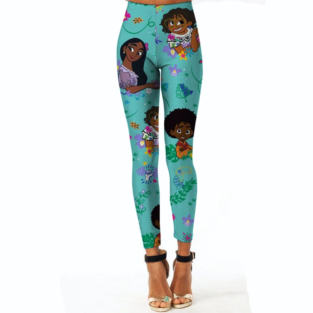 ฟิตเนสผู้หญิงกีฬาการ์ตูนดิสนีย์พิมพ์เอวยืดหยุ่นโยคะกางเกงขายาว GYM Jogging Quick DRY Push Up Slim กางเกงหญิง