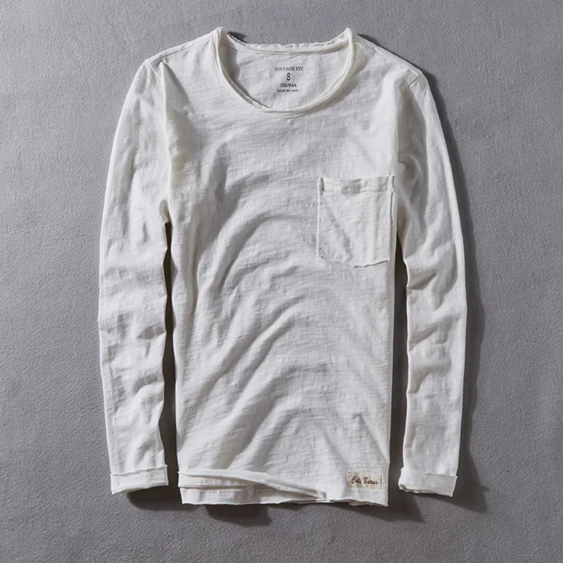 100% Cotton Spring Fashion Soft Comfortable T-shirt Men's Good Quality Long Sleeve O-neck Slub Cotton Casual Loose Pullover Tees