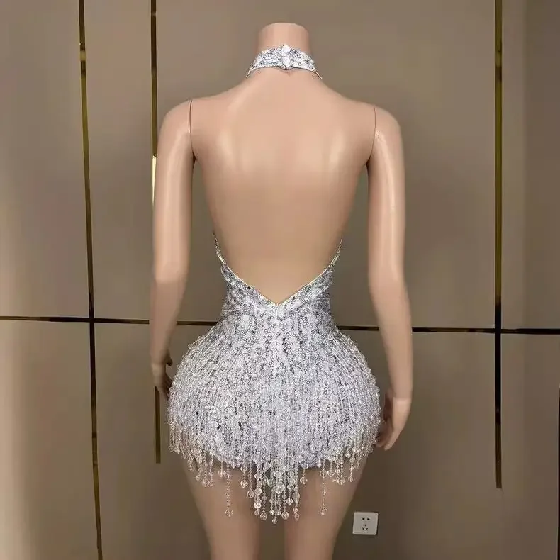 Body con flecos de perlas y diamantes de imitación brillantes, ropa de bailarina para escenario, traje de Club, traje de baile de actuación sin espalda con cuello en V profundo Sexy