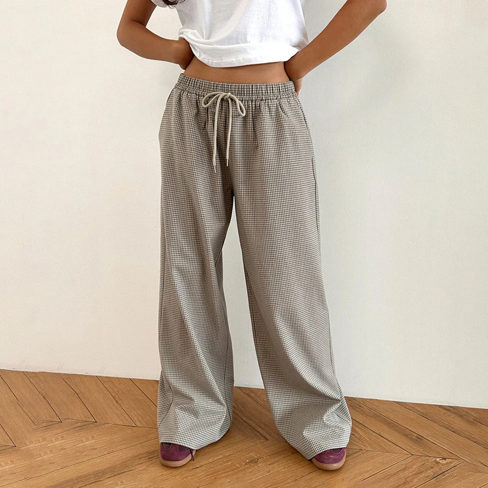 سراويل نسائية منقوشة واسعة الساق بخصر مطاطي سراويل شارع كبيرة الحجم للارتداء اليومي والنشاط الخارجي ملابس الشارع