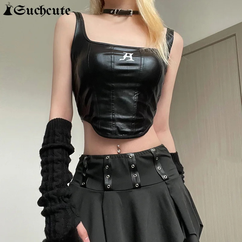 SUCHCUTE Punk Style Leather PU Crop Tops Women Dark Academia Skinny Sleeveless Tank Top Fairycore Streetwear Clothes Summer 2024