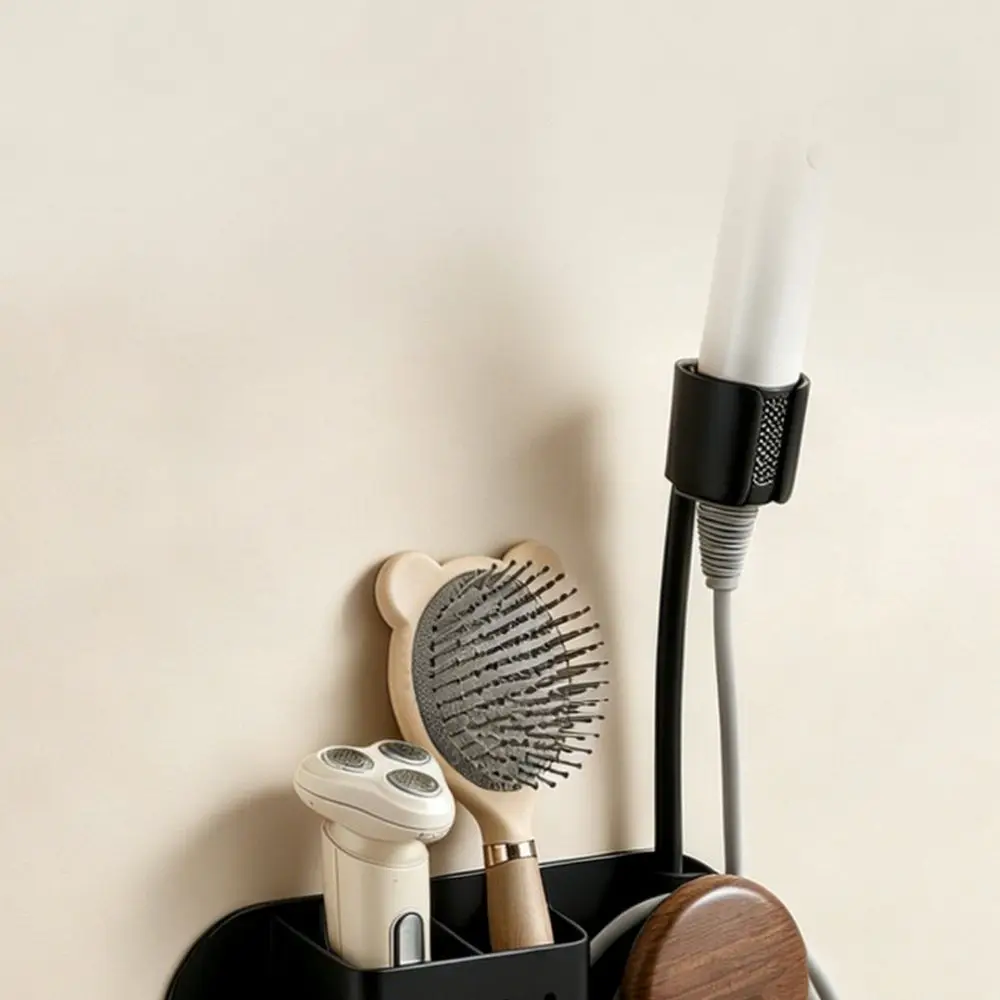 Bathroom Organizer For Hair Dryer Walnut Wood Grain Wall Stand Hands Free Styling Tool Rack Punch Free Home Decor