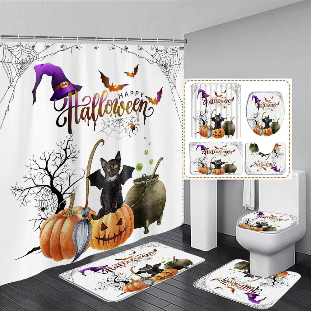 Scary Halloween Shower Curtain Rug Set Black Cat Pumpkin Shower Curtain Witch Purple Bat Spider Shower Curtains Bathroom Decor