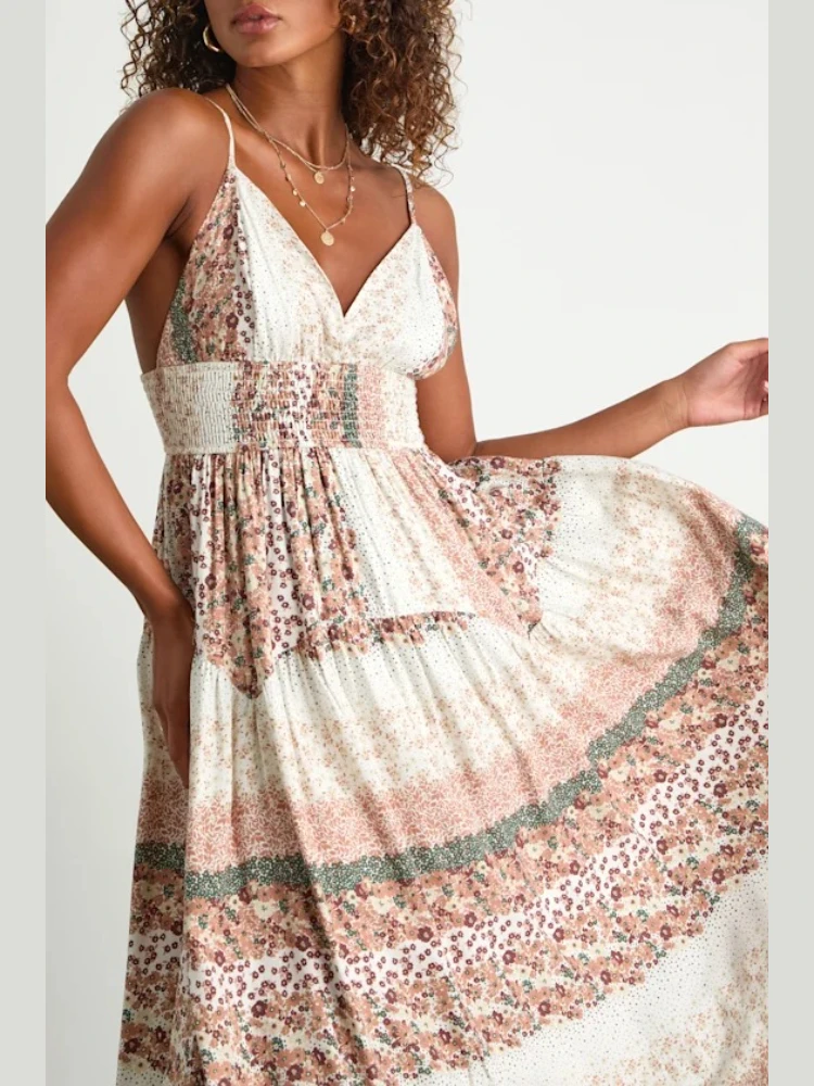 Customized Patchwork Floral Print Spaghetti Strap V-neck Evening Dresses Sleeveless Waist Tiered Flowy Tea Length Beach Party
