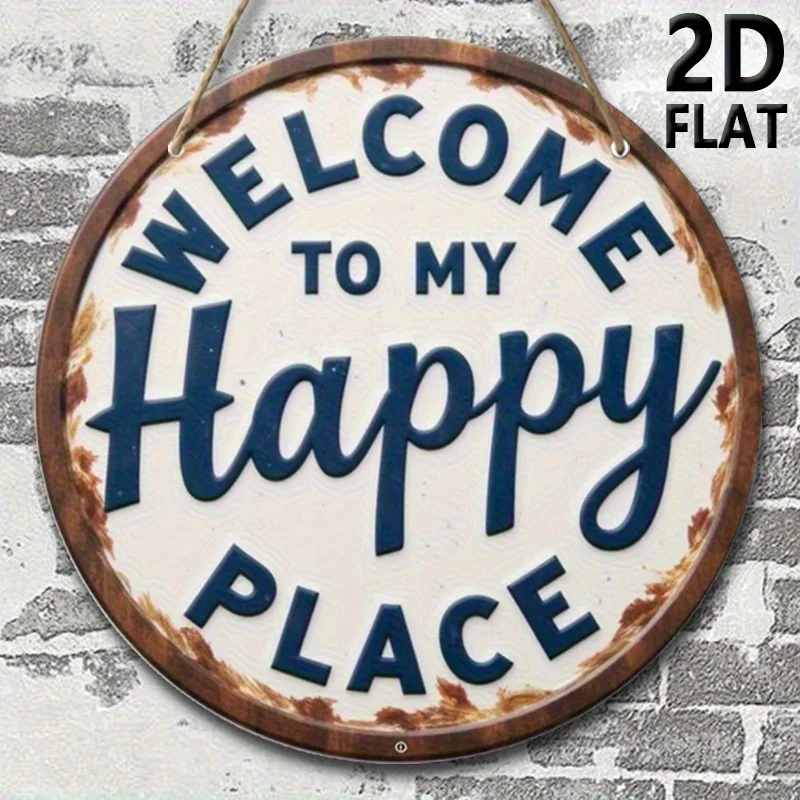 2D Flat, Handmade Rustic Farmhouse Wall Decor - 7.87 Inch Round Artificial Wood Welcome Sign with Blue 