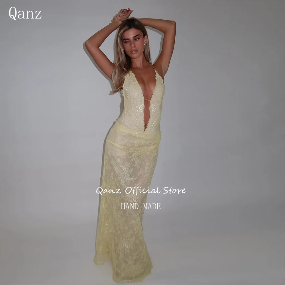 

Qanz Yellow Evening Dresses Mermaid Full Lace Appliques Vestidos De Festa Backless Sexy Deep V Neck Prom Dresses Customized